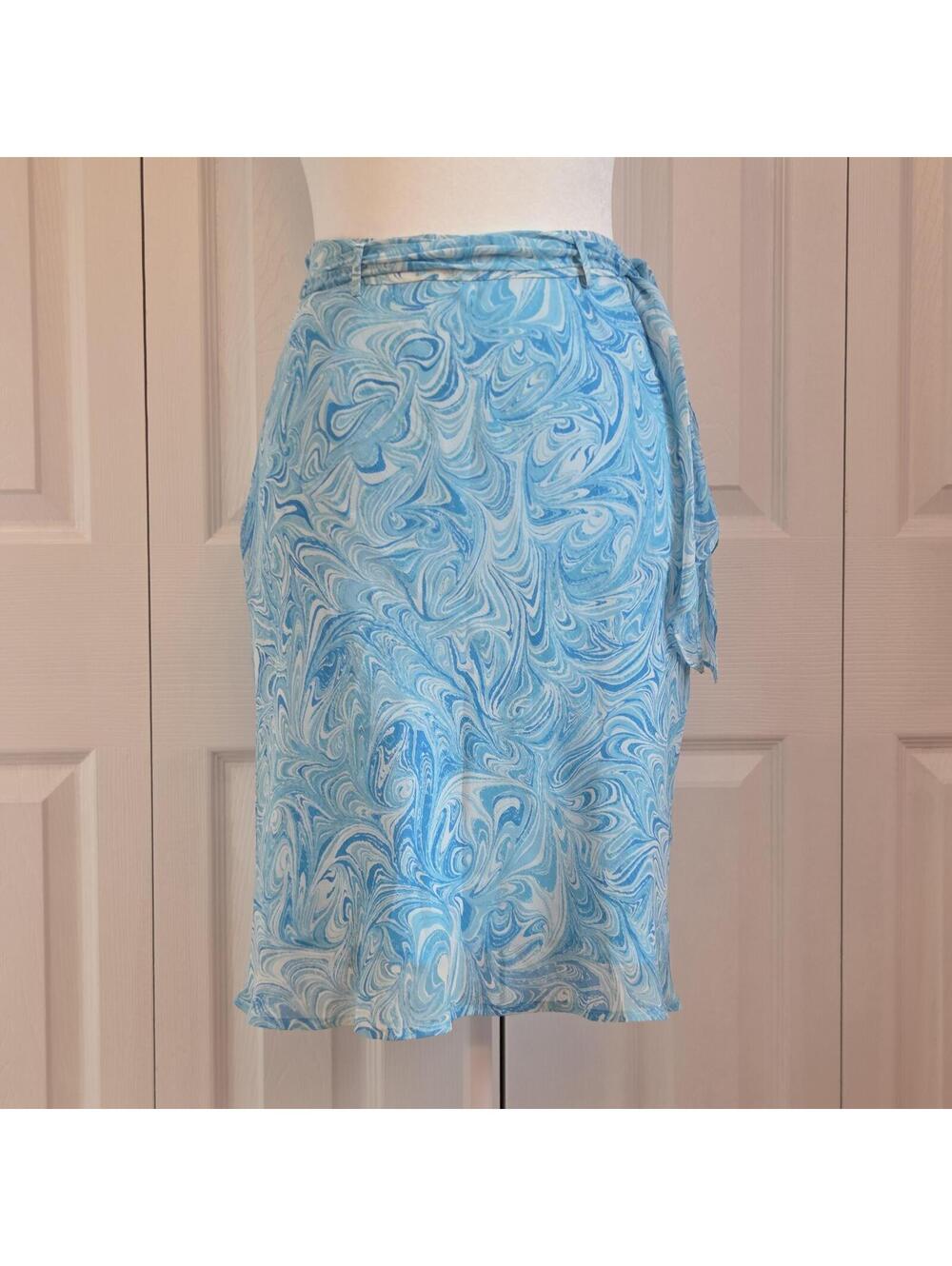 Vintage Y2K Blue Silk Marble Print Midi Skirt Sz 0 Mermaid Coastal Beach Summer